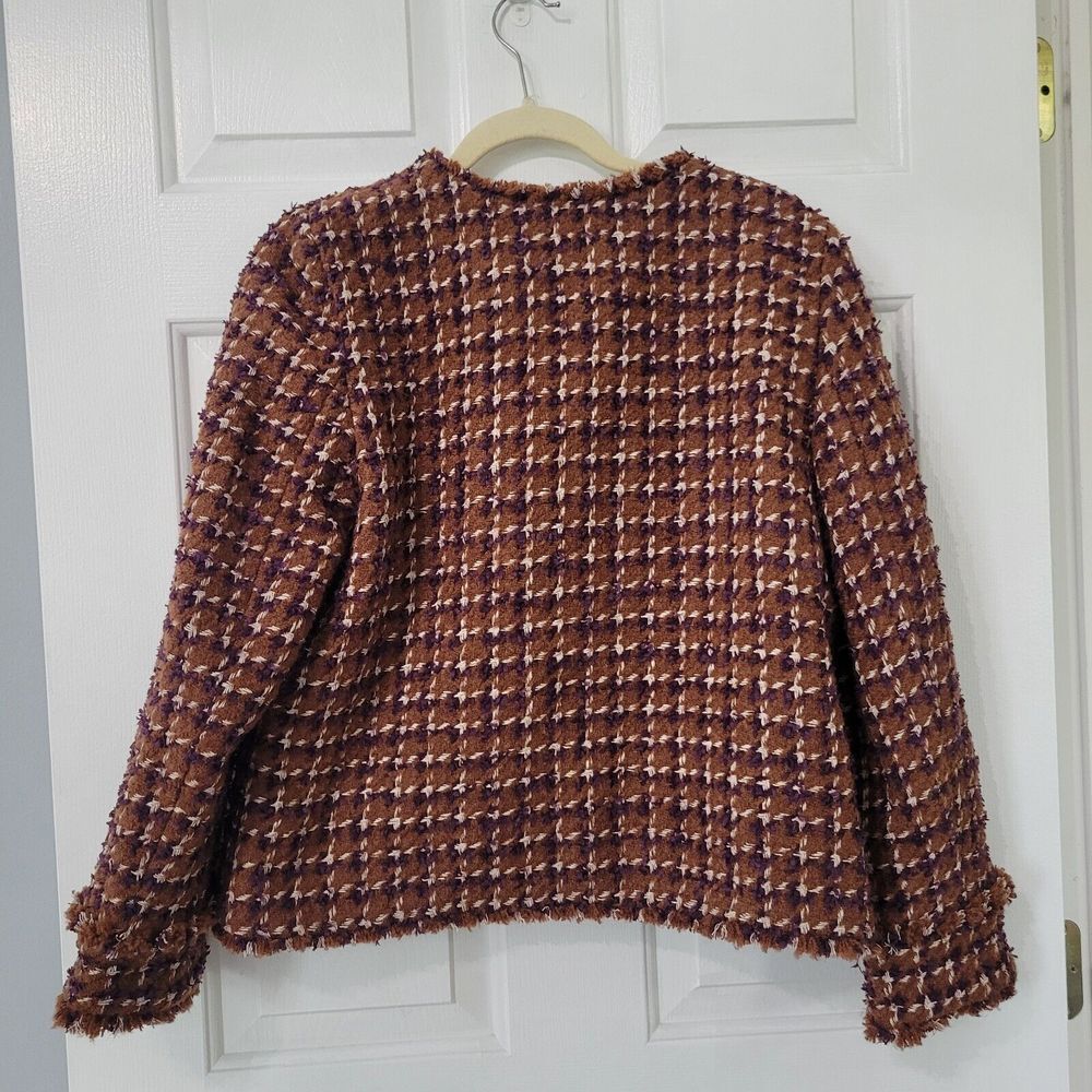 Ann Taylor Fringe Tweed Jacket Size 12 Petite Polyester Blend Cherrywood Blazer - Picture 2 of 11